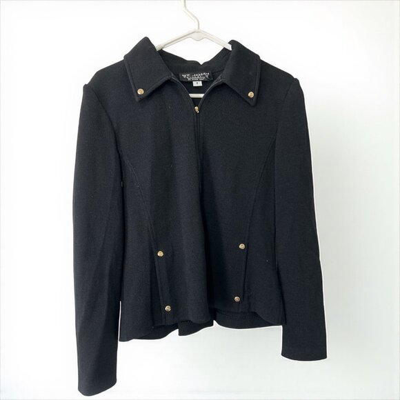 St John Collection Marie Gray Black Knit Zip Cardigan Size 8 Designer - Picture 1 of 5